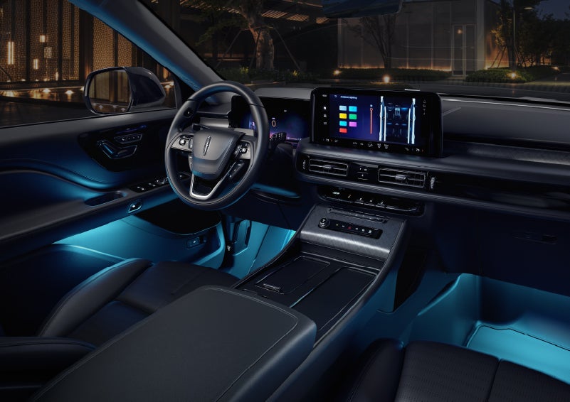 Deep blue ambient lighting glows from various places within a 2026 Lincoln Aviator® SUV. | Al Packer Lincoln in West Palm Beach FL